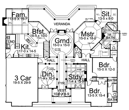 Colonial House Plan 72063 with 3 Beds, 4 Baths, 3 Car Garage First Level Plan