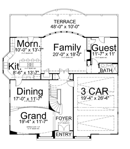 Greek Revival, Mediterranean House Plan 72095 with 4 Beds, 4 Baths, 3 Car Garage First Level Plan