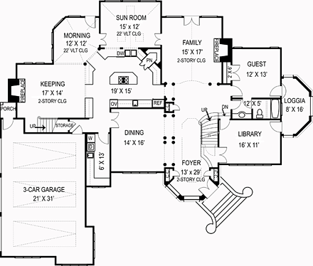 European, Greek Revival House Plan 72104 with 5 Beds, 4 Baths, 3 Car Garage First Level Plan