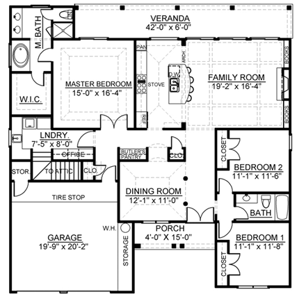 One-Story House Plan 72111 with 3 Beds, 2 Baths, 2 Car Garage First Level Plan