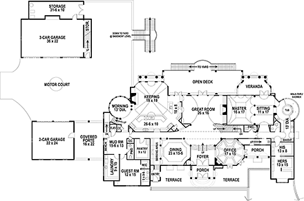 European, Greek Revival House Plan 72126 with 7 Beds, 9 Baths, 5 Car Garage First Level Plan