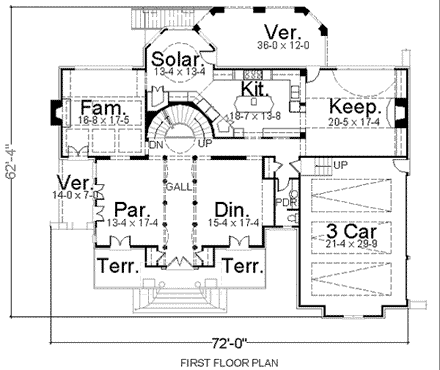 European, Greek Revival House Plan 72132 with 4 Beds, 4 Baths, 3 Car Garage First Level Plan