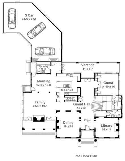 Colonial, Greek Revival House Plan 72141 with 4 Beds, 6 Baths, 3 Car Garage First Level Plan