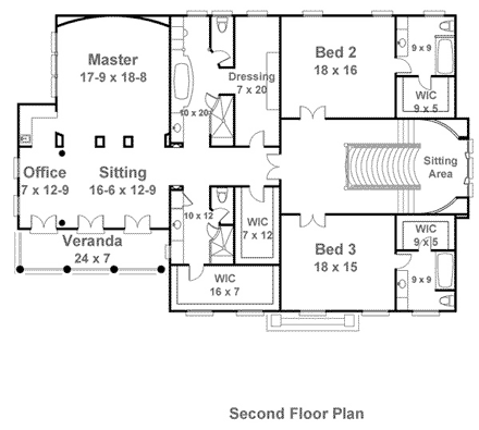 Colonial, Greek Revival House Plan 72141 with 4 Beds, 6 Baths, 3 Car Garage Second Level Plan