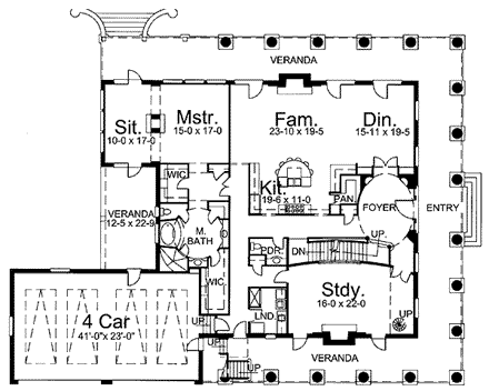 Colonial, Greek Revival, Plantation House Plan 72149 with 3 Beds, 4 Baths, 4 Car Garage First Level Plan