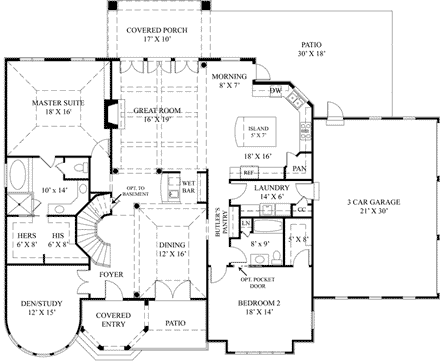 European, Greek Revival House Plan 72153 with 4 Beds, 4 Baths, 3 Car Garage First Level Plan