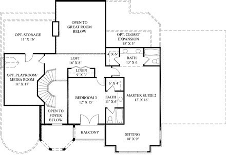 European, Greek Revival House Plan 72153 with 4 Beds, 4 Baths, 3 Car Garage Second Level Plan