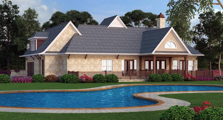 European, French Country, Traditional Plan with 1999 Sq. Ft., 3 Bedrooms, 2 Bathrooms, 2 Car Garage Rear Elevation