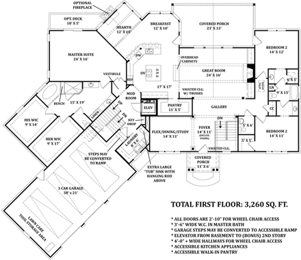 Ranch House Plan 72169 with 3 Beds, 3 Baths, 3 Car Garage First Level Plan
