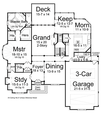 European, Greek Revival House Plan 72209 with 4 Beds, 3 Baths, 3 Car Garage First Level Plan