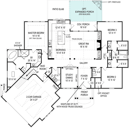 Craftsman, European House Plan 72217 with 3 Beds, 3 Baths, 2 Car Garage First Level Plan