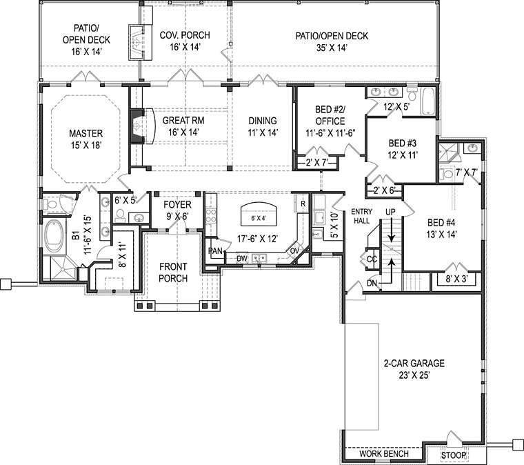 Cottage, Craftsman, Traditional House Plan 72220 with 4 Beds, 4 Baths, 2 Car Garage Level One