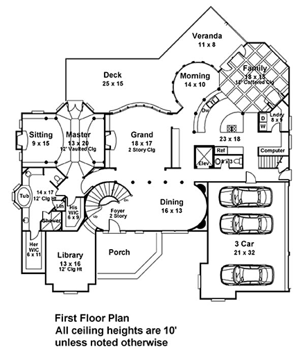 European House Plan 72228 with 4 Beds, 5 Baths, 3 Car Garage First Level Plan