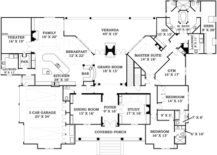 Craftsman, European House Plan 72237 with 3 Beds, 4 Baths, 3 Car Garage First Level Plan