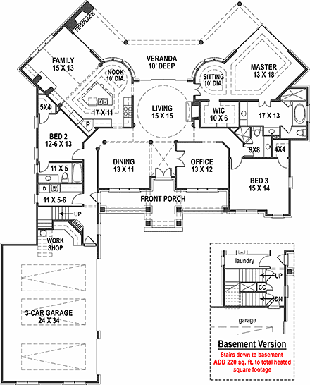 Country, Craftsman, Traditional House Plan 72238 with 3 Beds, 3 Baths, 3 Car Garage First Level Plan