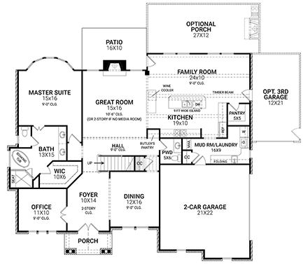 Colonial, Craftsman, European, Southern House Plan 72244 with 4 Beds, 4 Baths, 2 Car Garage First Level Plan