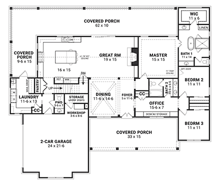 Farmhouse, Ranch, Traditional House Plan 72253 with 3 Beds, 3 Baths, 2 Car Garage First Level Plan