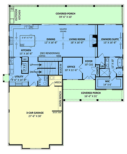 Farmhouse House Plan 72255 with 3 Beds, 3 Baths, 3 Car Garage First Level Plan