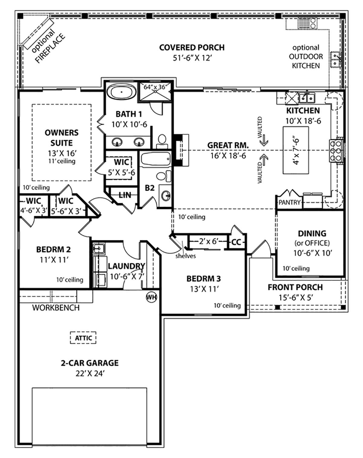 Country, Farmhouse, Ranch House Plan 72256 with 3 Beds, 2 Baths, 2 Car Garage Level One