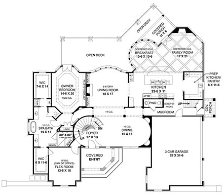 European House Plan 72259 with 4 Beds, 5 Baths, 3 Car Garage First Level Plan