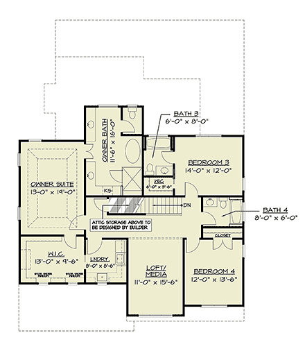 Craftsman, Farmhouse, New American, Traditional House Plan 72267 with 4 Beds, 4 Baths, 2 Car Garage Second Level Plan
