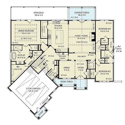 Country, Craftsman, New American, Traditional House Plan 72274 with 3 Beds, 3 Baths, 2 Car Garage First Level Plan