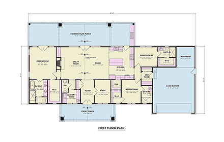 Contemporary, Country, Craftsman, Farmhouse House Plan 72285 with 3 Beds, 4 Baths, 2 Car Garage First Level Plan