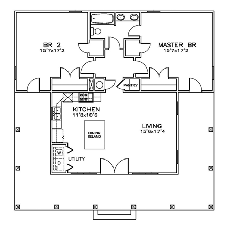 Cottage, Florida, Southern House Plan 72310 with 2 Beds, 1 Baths First Level Plan