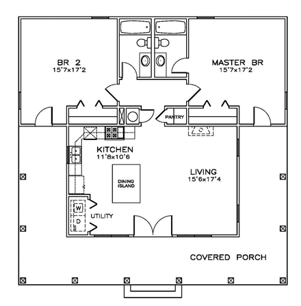 Cottage, Florida, Southern House Plan 72317 with 2 Beds, 2 Baths First Level Plan