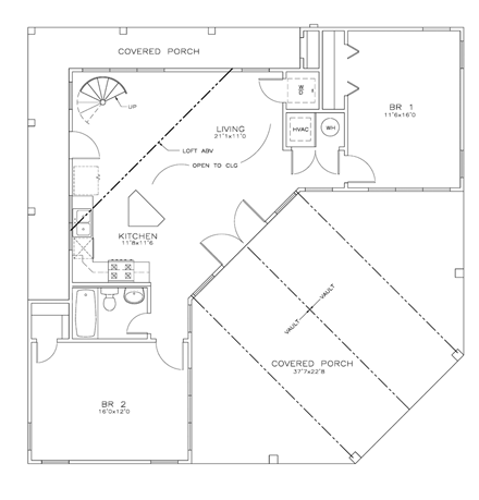 Cabin, Cottage, Southern House Plan 72328 with 2 Beds, 1 Baths First Level Plan