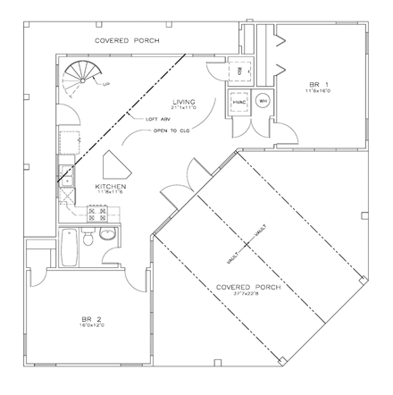 Cabin, Cottage, Southern House Plan 72329 with 2 Beds, 1 Baths First Level Plan
