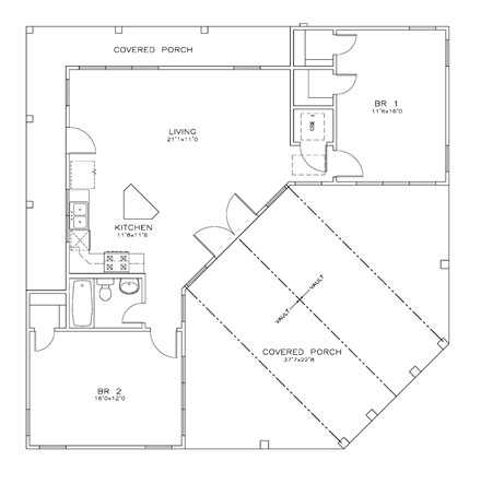 Cabin, Cottage, Southern House Plan 72330 with 2 Beds, 1 Baths First Level Plan
