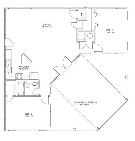 Cabin, Cottage, Southern House Plan 72334 with 2 Beds, 1 Baths First Level Plan