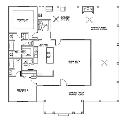 Coastal, Southern House Plan 72349 with 2 Beds, 3 Baths First Level Plan