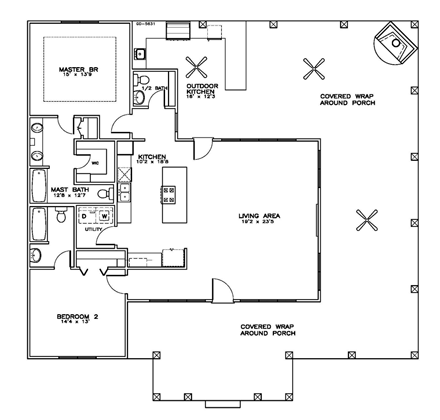 Coastal, Southern House Plan 72354 with 2 Beds, 3 Baths First Level Plan