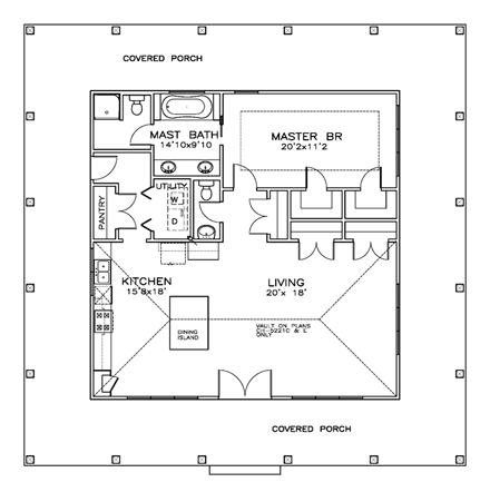 Cottage, Florida, Southern House Plan 72365 with 1 Beds, 2 Baths First Level Plan