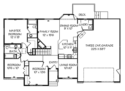 Traditional House Plan 72411 with 3 Beds, 2 Baths, 3 Car Garage First Level Plan