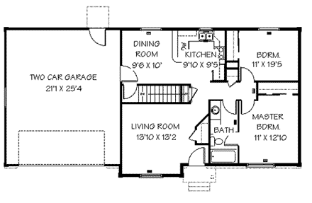 Traditional House Plan 72428 with 2 Beds, 1 Baths, 2 Car Garage First Level Plan