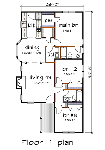 Bungalow House Plan 72715 with 3 Beds, 2 Baths First Level Plan