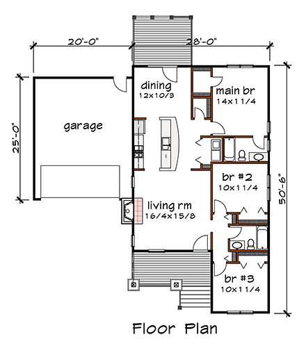 Bungalow House Plan 72728 with 3 Beds, 2 Baths, 2 Car Garage First Level Plan
