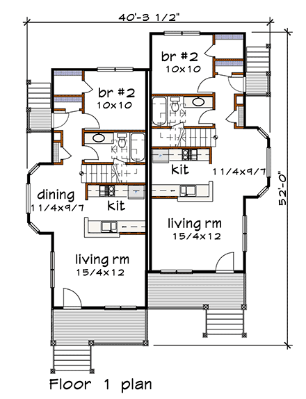 Bungalow Multi-Family Plan 72778 with 6 Beds, 4 Baths First Level Plan