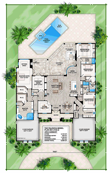 Coastal, Florida, Mediterranean House Plan 72807 with 4 Beds, 5 Baths, 4 Car Garage First Level Plan