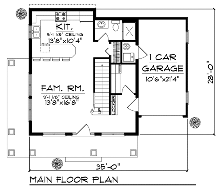 Narrow Lot, Traditional House Plan 72926 with 2 Beds, 2 Baths, 1 Car Garage First Level Plan