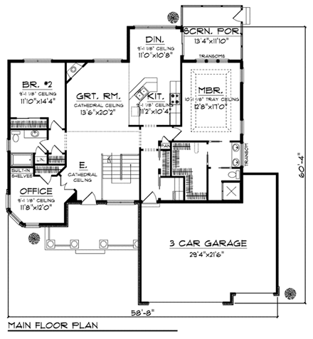 Craftsman, One-Story, Ranch House Plan 72932 with 2 Beds, 2 Baths, 3 Car Garage First Level Plan