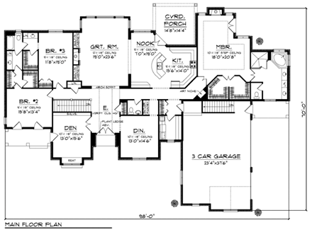 European, One-Story, Ranch House Plan 72958 with 3 Beds, 3 Baths, 3 Car Garage First Level Plan