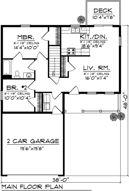 Ranch House Plan 72971 with 2 Beds, 1 Baths, 2 Car Garage First Level Plan