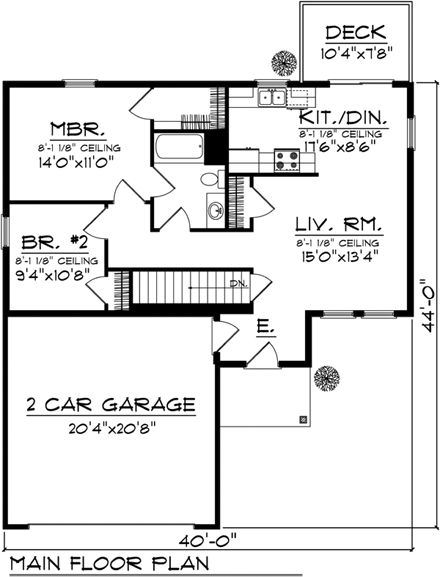 Ranch House Plan 72972 with 2 Beds, 1 Baths, 2 Car Garage First Level Plan