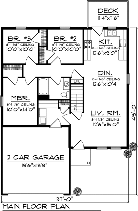 Ranch House Plan 72973 with 3 Beds, 1 Baths, 2 Car Garage First Level Plan