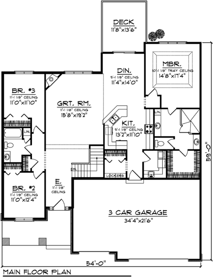 Ranch House Plan 72988 with 3 Beds, 2 Baths, 3 Car Garage First Level Plan