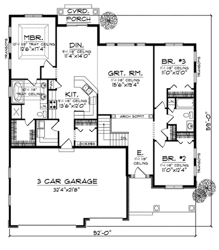 Bungalow House Plan 73005 with 3 Beds, 2 Baths, 3 Car Garage First Level Plan